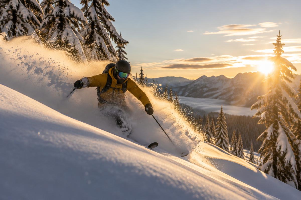A skier turning through deep powder snow